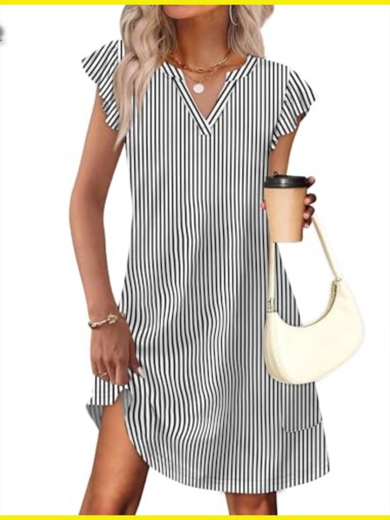 Casual Ruffle Sleeve V Neck Swing Sundress with Pockets Lightweight Fabric - Picture 2 of 7